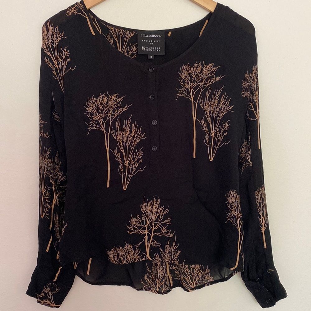 ULLA Johnson black long sleeve silk sz 8 blouse with tree pattern gorgeous! EUC